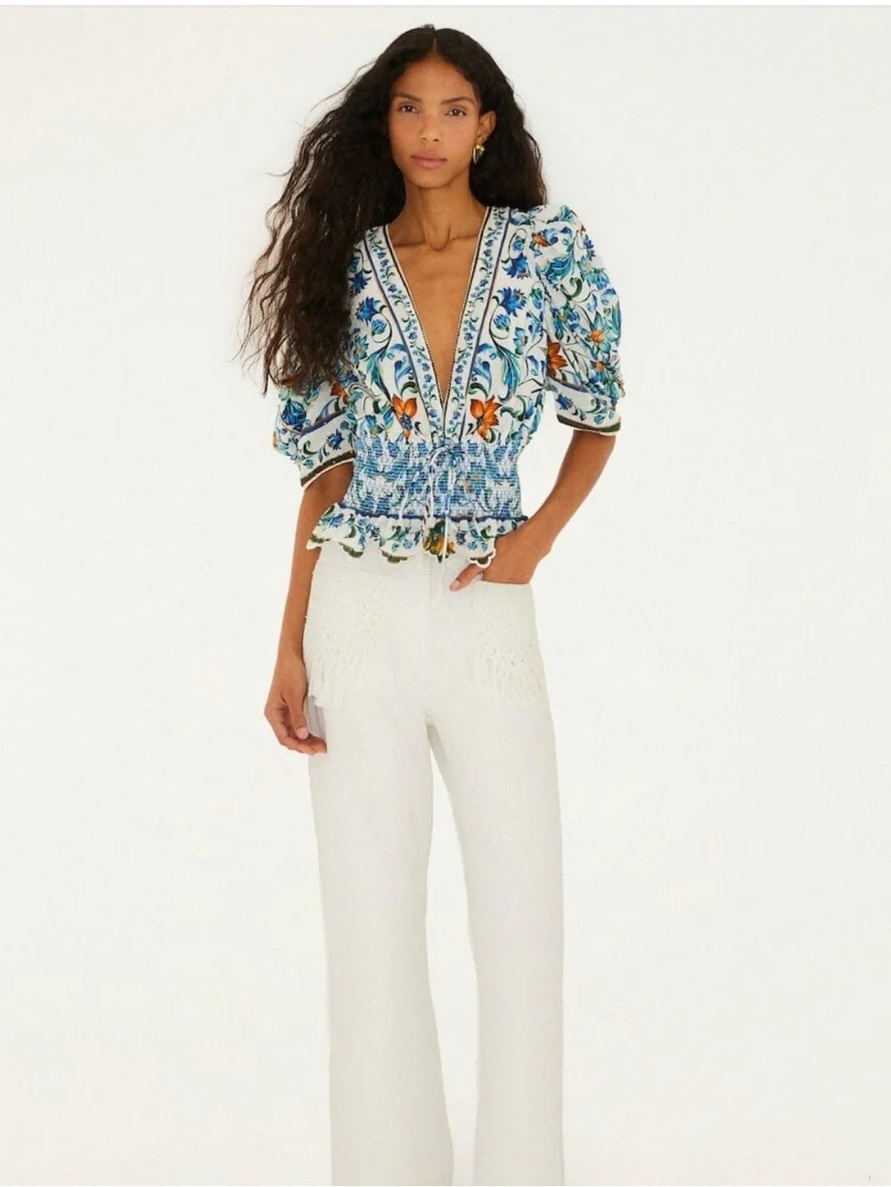 FARM Rio Blue & Orange Floral Smocked Waist V-Neck Puff Sleeve Top